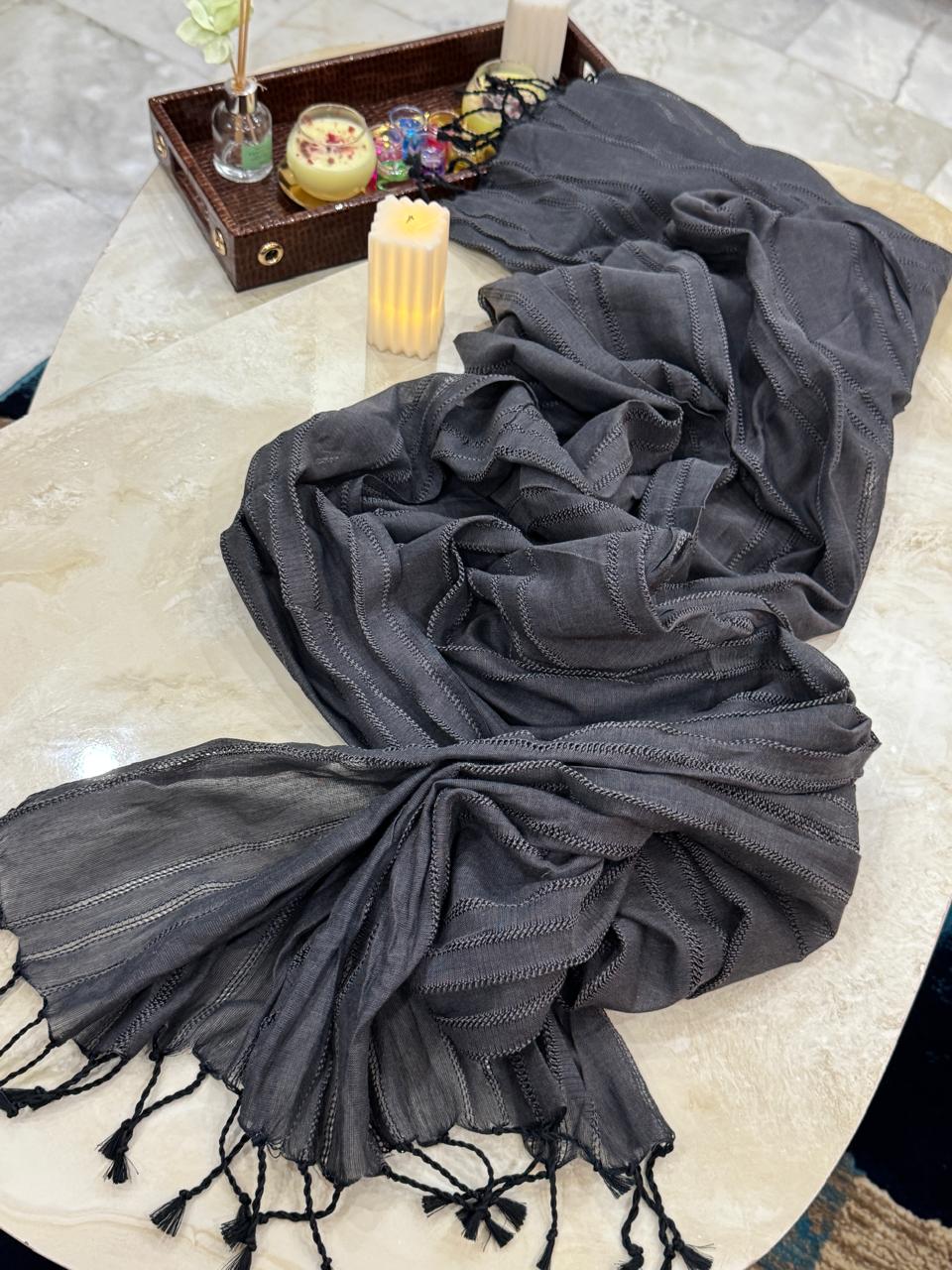Charcoal Grey Striped Cotton Dupatta with Tassels