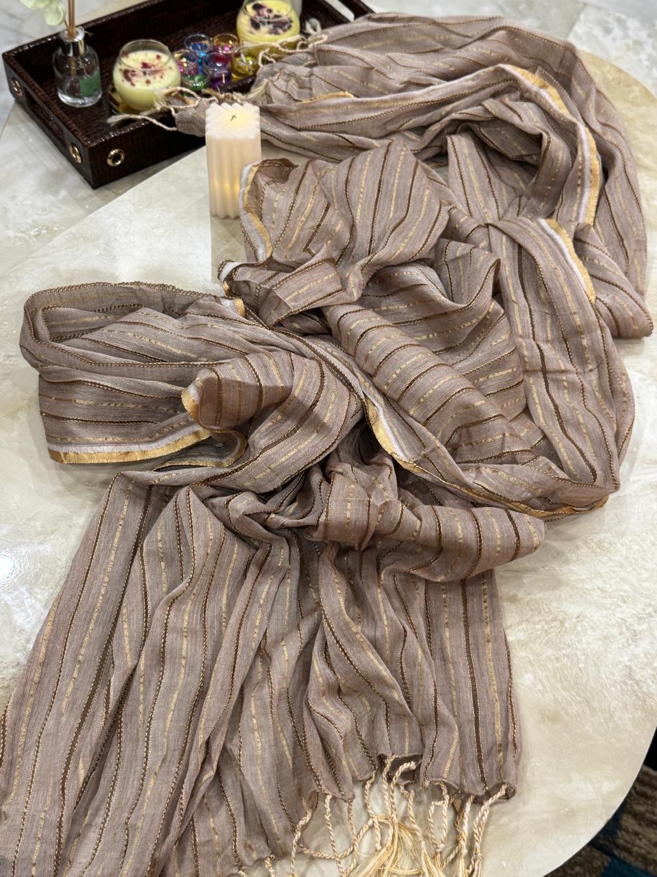 Taupe Gold Striped Organza Dupatta