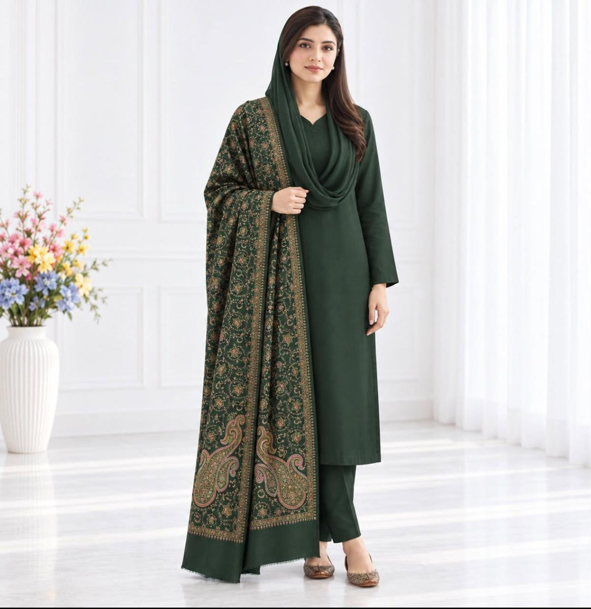 Pashmina Kacha Tanka bottle green 3PC