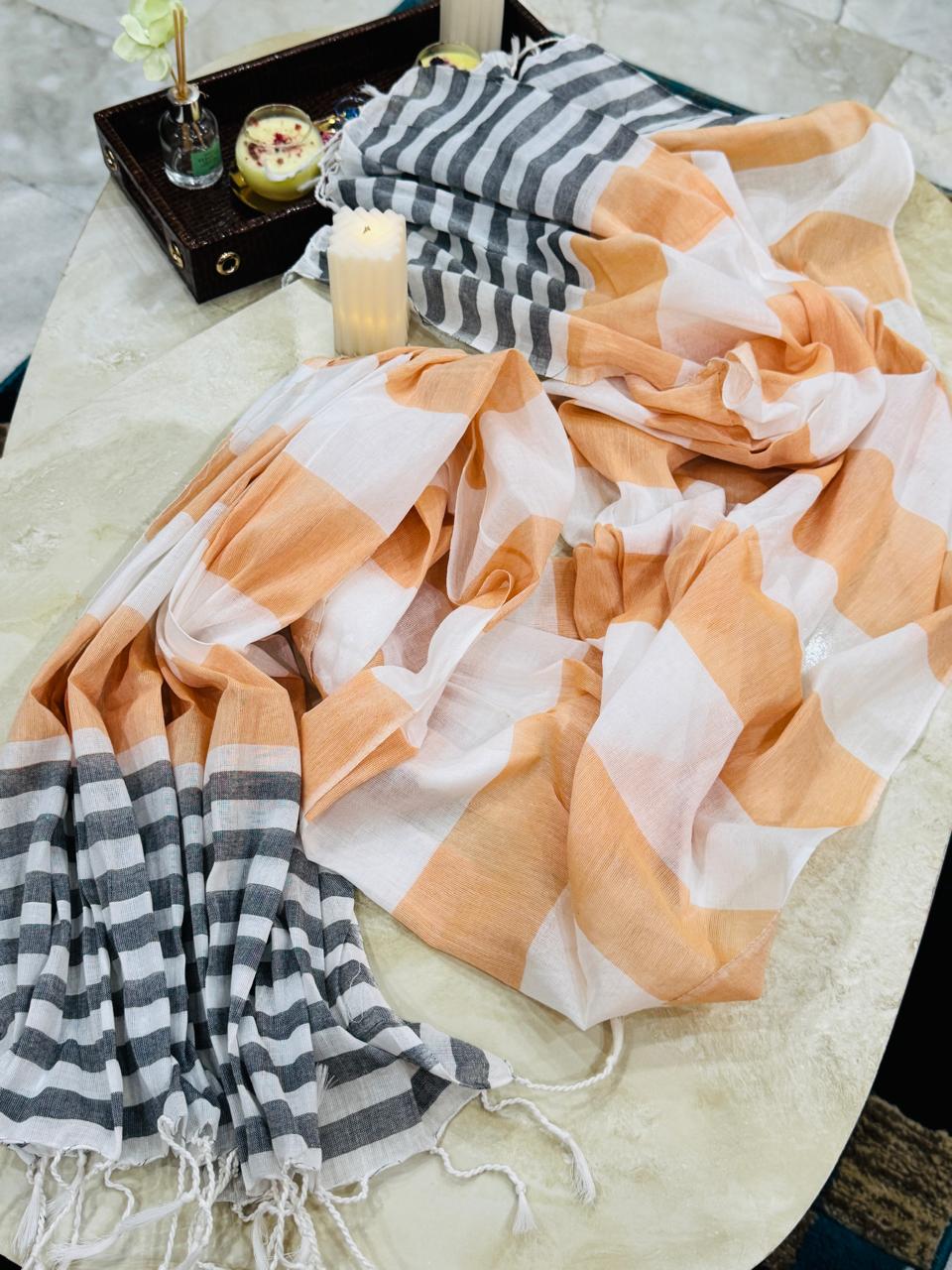 Peach, White & Black Checkered Cotton Dupatta