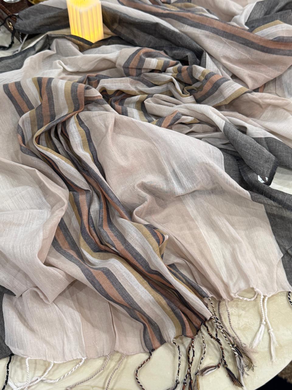 Soft Beige & Multicolor Striped Cotton Dupatta