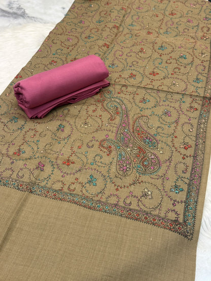 3PC Dhanak Suit with Hand-Embroidered Pashmina Shawl