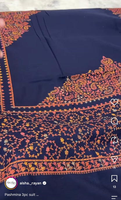 Pashmina wool  Taj Three navy blue  Pc suit